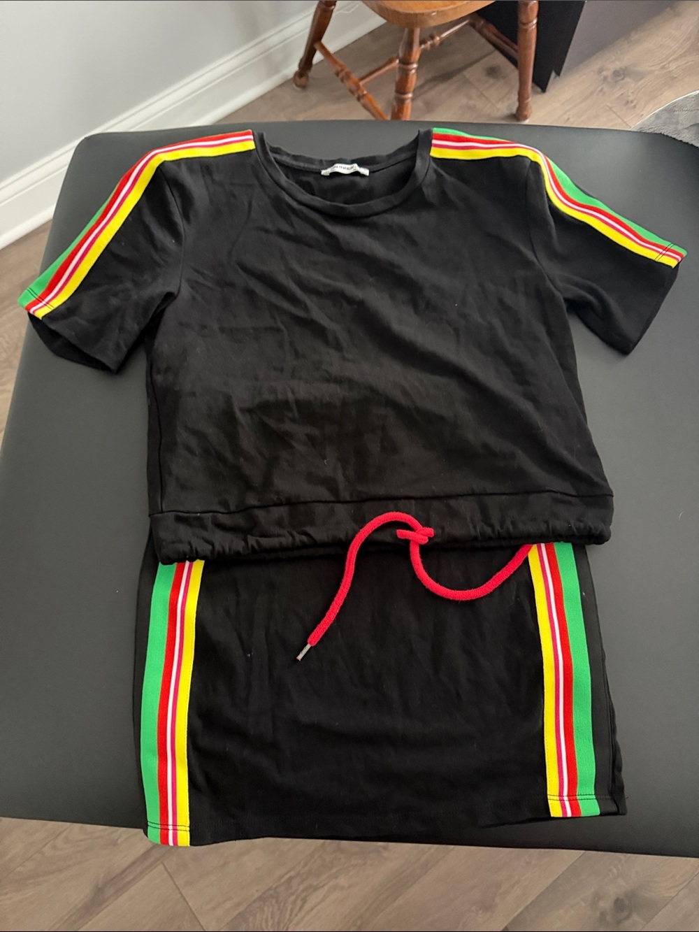 Zara Black Crop Top with Red, Yellow & Green Shoulder Stripes